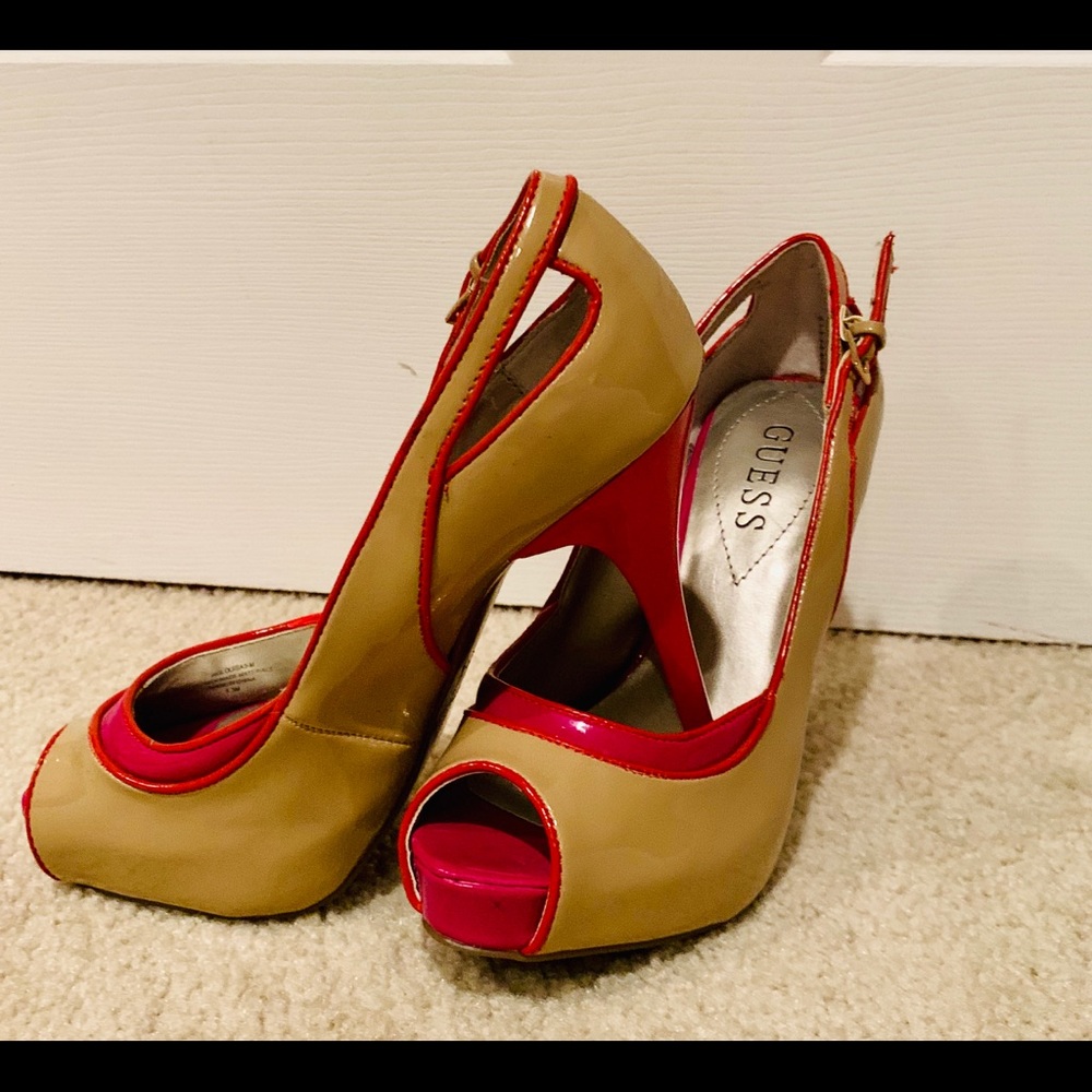 GUESS Peep Toe Beige Pink & Orange Detailed Heel